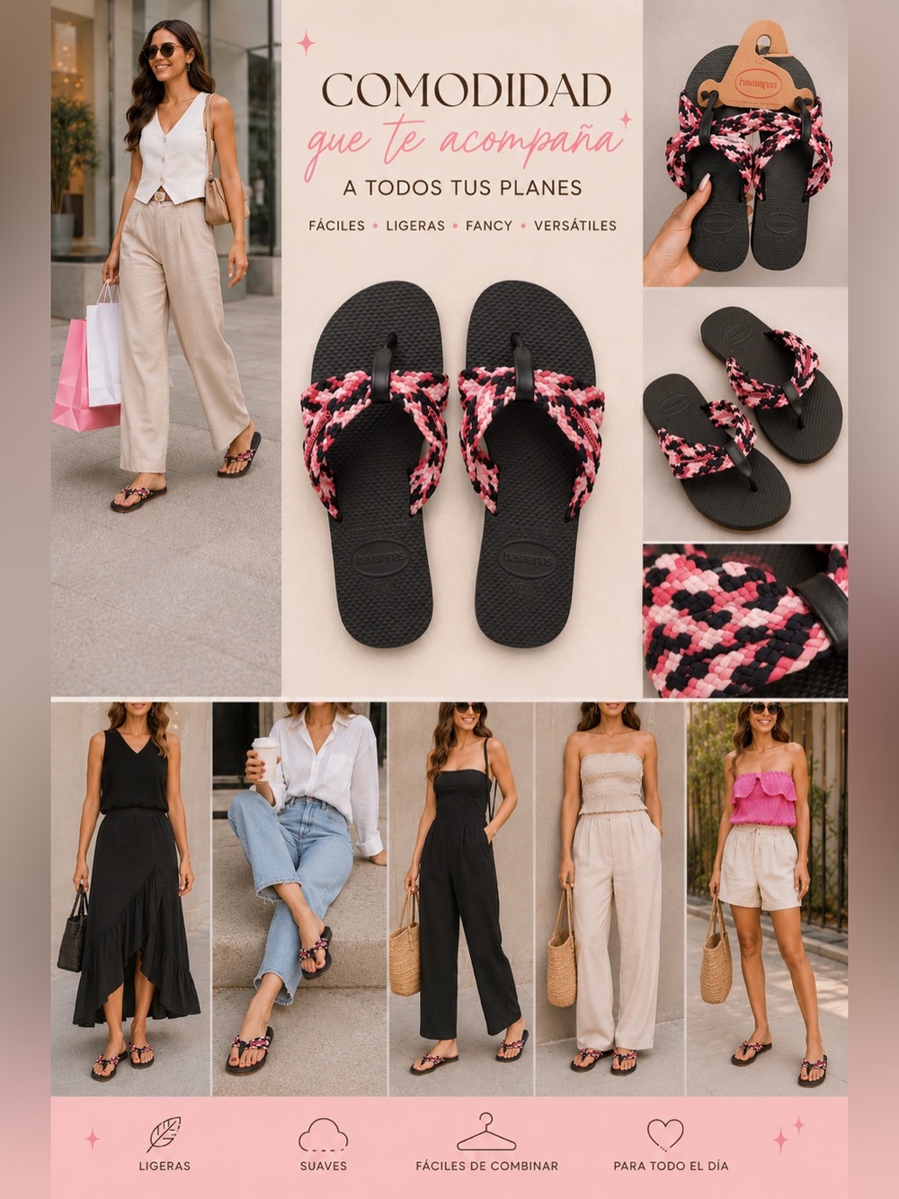 Havaianas Black Flip Flop Sandals with Pink Braided Straps